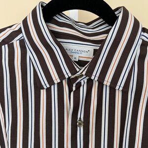 Alex Cannon Brown Stripe 100% Cotton Button Up Long Sleeve Shirt Size XL